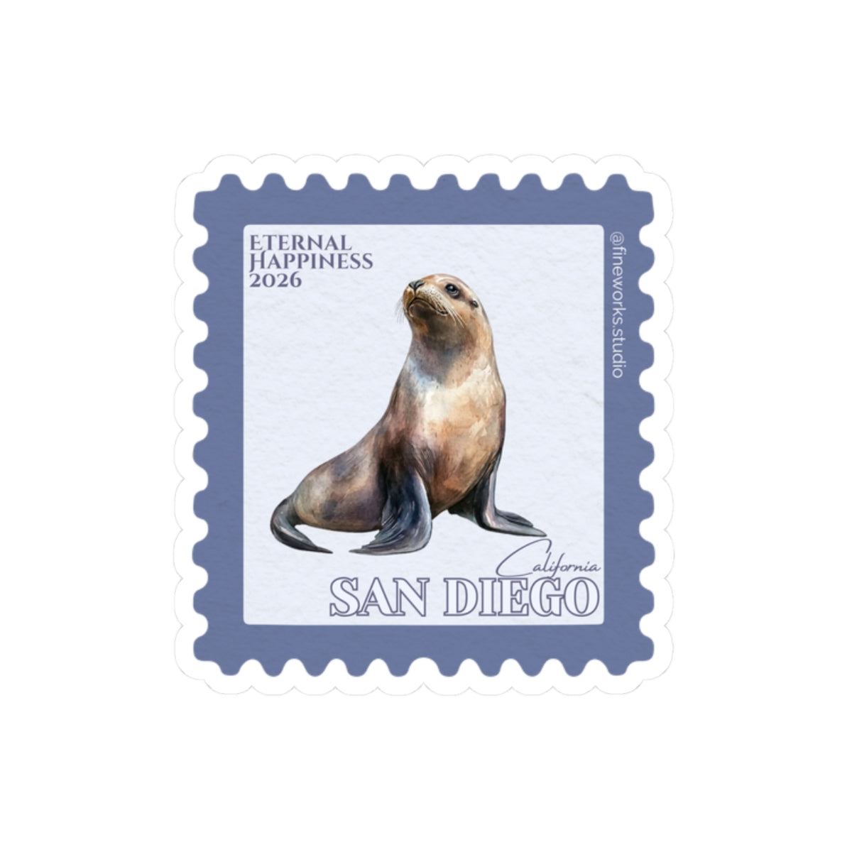 colorful stamp sticker with the image of a sea lion and the text eternal happiness 2026 and san diego on a white background