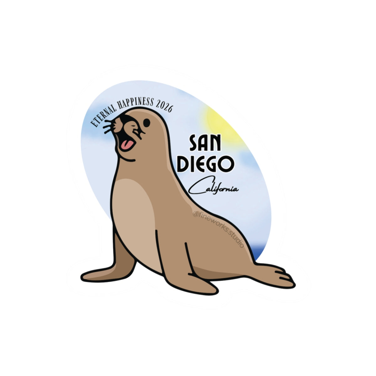 Cartoon seal with 'San Diego California' and eternal happiness 2026 text on a white background