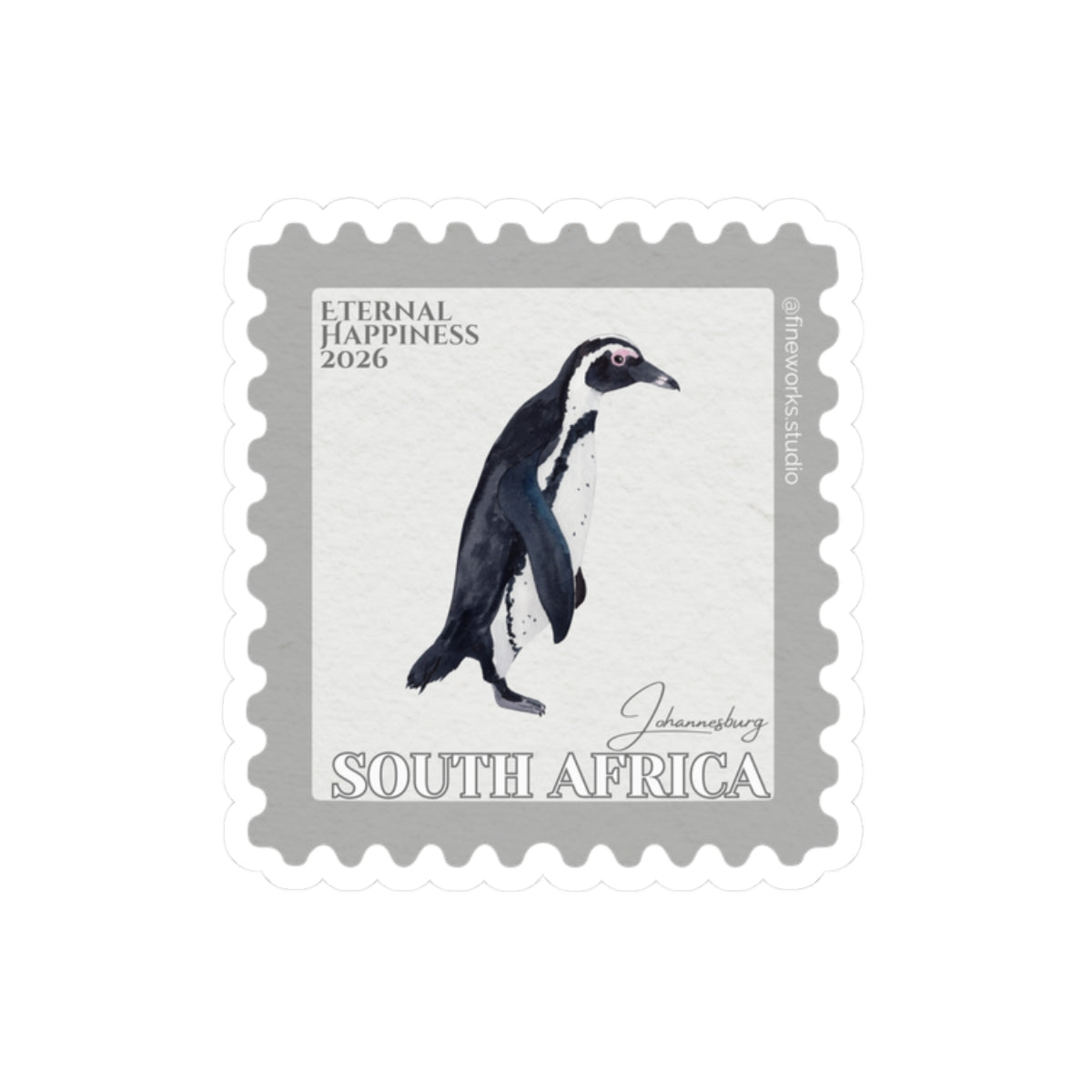 colorful sticker of a penguin and the text eternal happiness 2026 and south africa on a white background