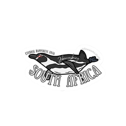 Black and white graphic of a penguin with text 'South Africa' and eternal happiness on a white background 
