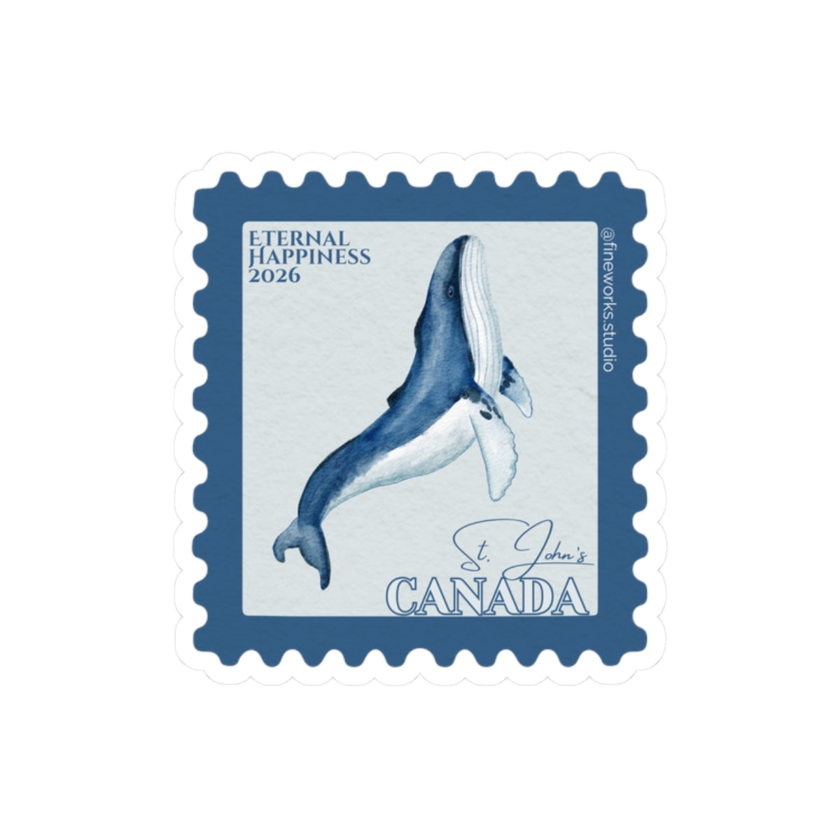 Design of a postage stamp with a whale illustration and 'Canada' and eternal happiness 2026 text on a white background
