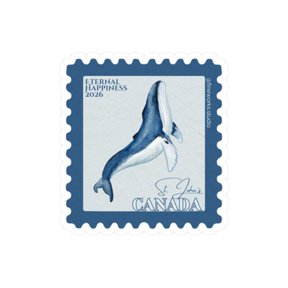 Design of a postage stamp with a whale illustration and 'Canada' and eternal happiness 2026 text on a white background