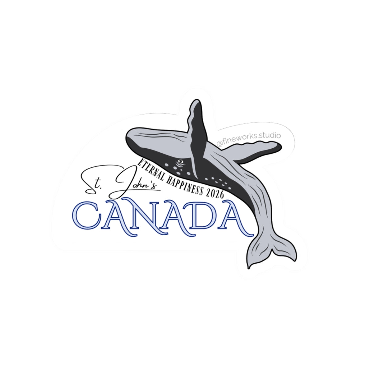 Whale illustration with 'St. John's Canada Eternal Happiness 2026' text on a white background