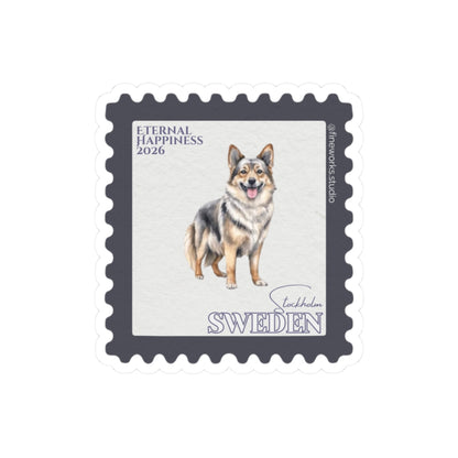 Design of a postage stamp with a dog illustration and 'Sweden'  and Eternal Happiness 2026 text on a white background