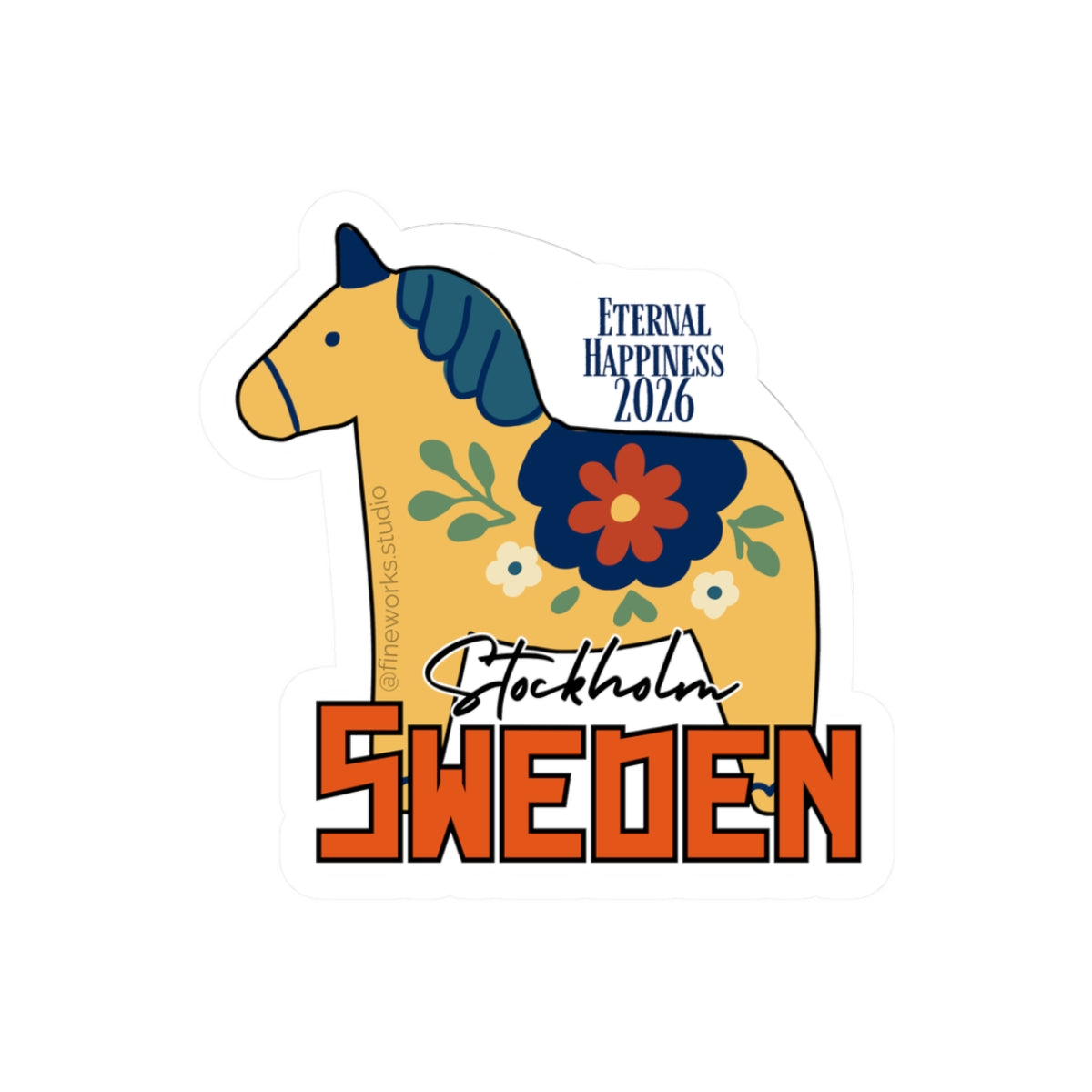 colorful design of a dala horse with "eternal happiness 2026 and stockholm sweden text on a white background