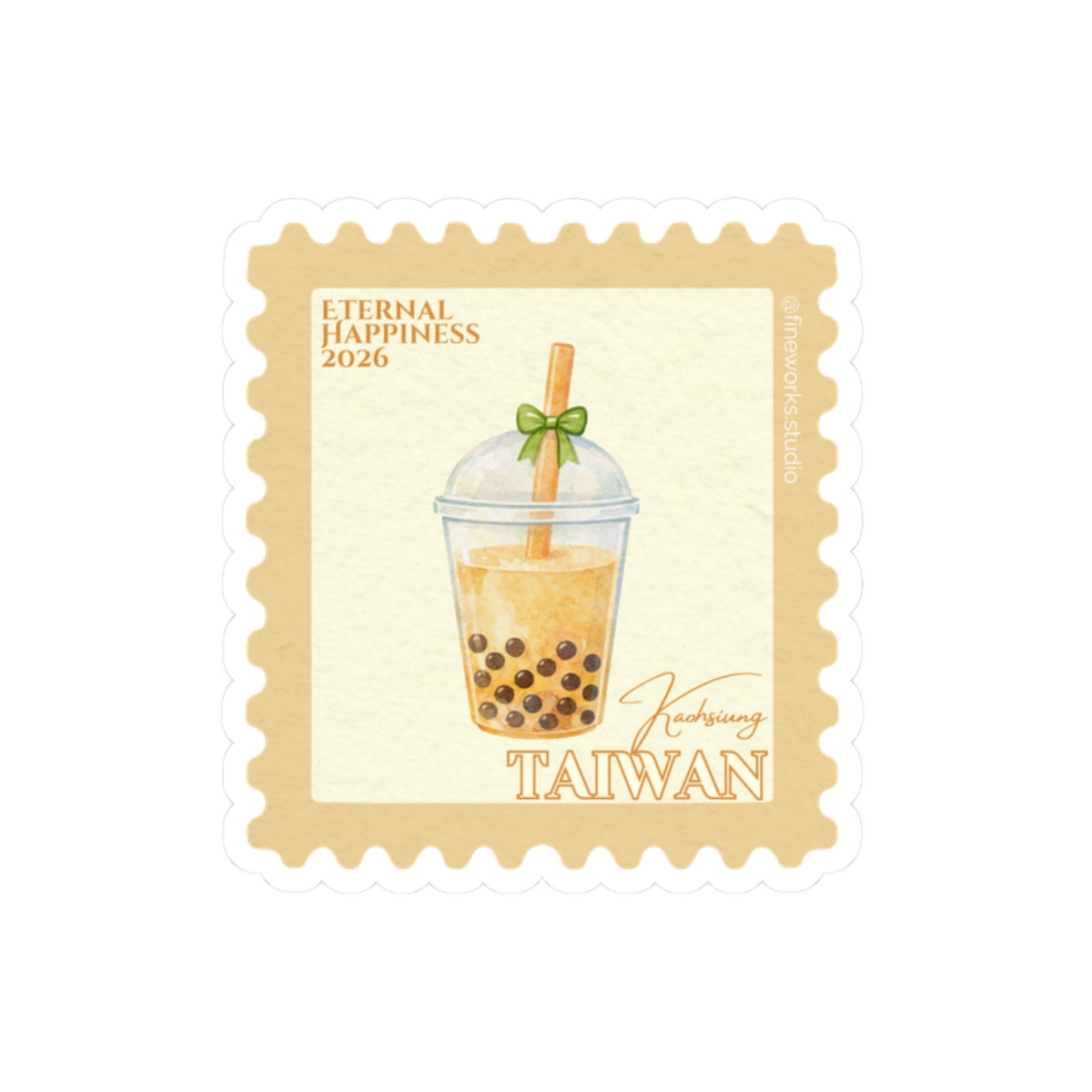 Stylized postage stamp with a bubble tea illustration and text on a white background. Text that says eternal happiness 2026 and taiwan around the stamp
