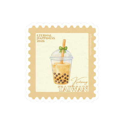 Stylized postage stamp with a bubble tea illustration and text on a white background. Text that says eternal happiness 2026 and taiwan around the stamp