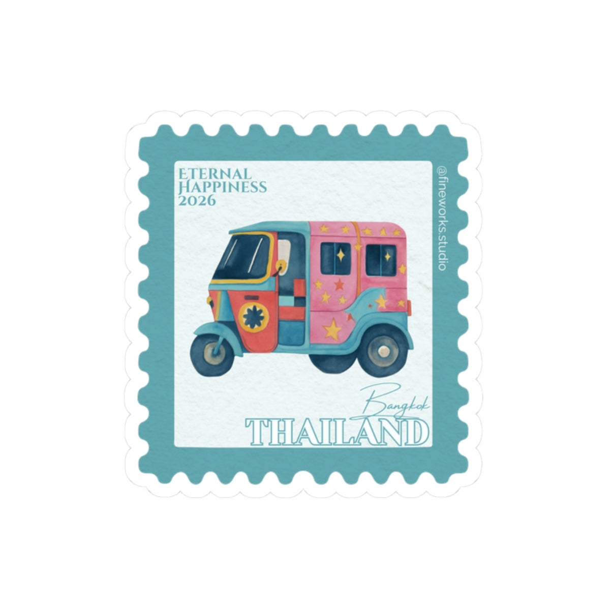 Sticker of a colorful tuk-tuk on a postage stamp design with 'Eternal Happiness 2026' text.