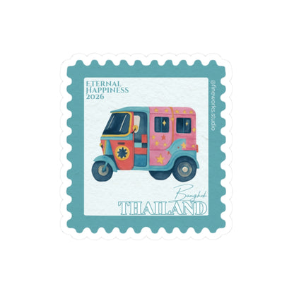 Sticker of a colorful tuk-tuk on a postage stamp design with 'Eternal Happiness 2026' text.